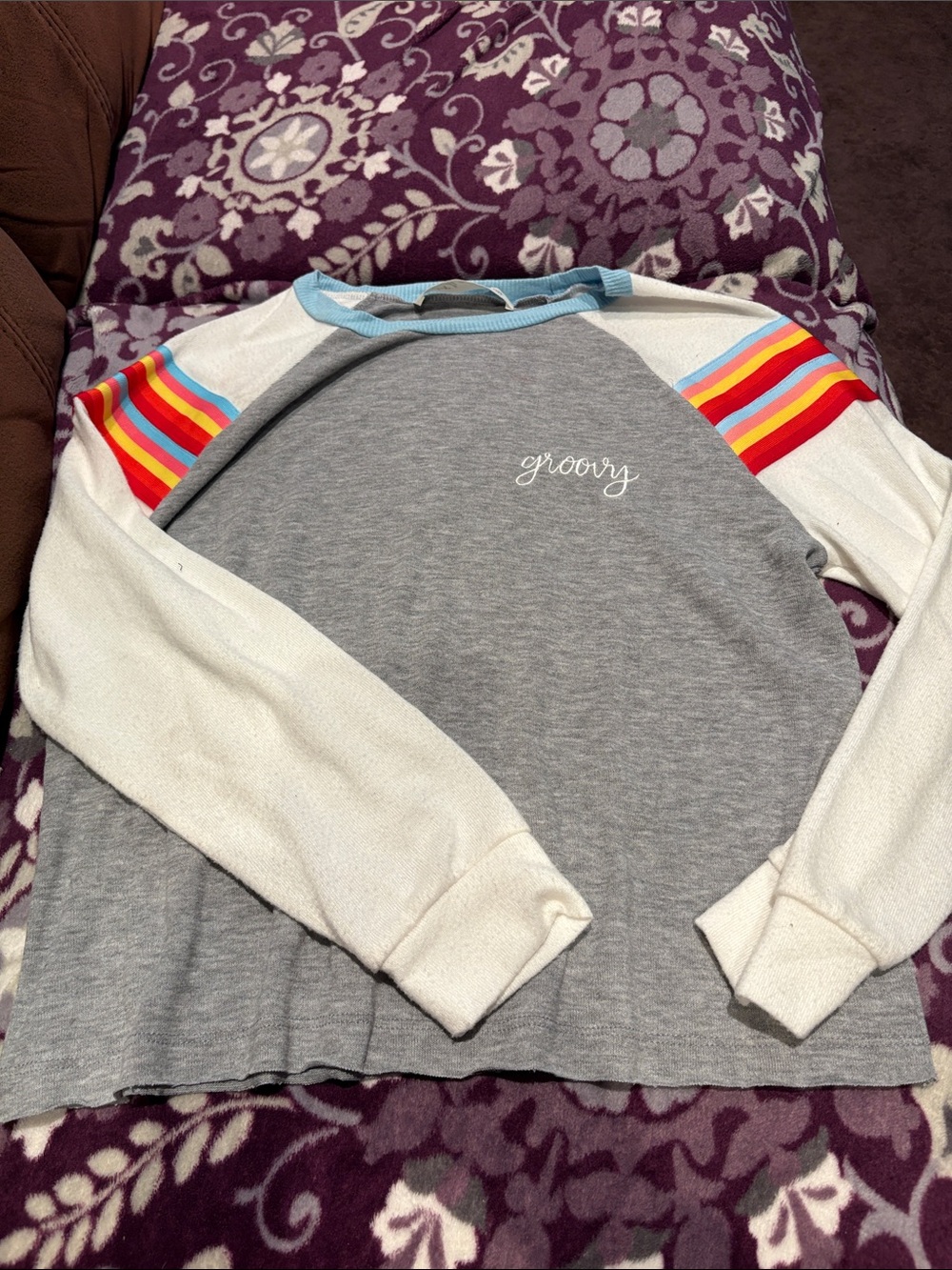 Vintage Havana 'Groovy' Long Sleeve Raglan Tee - Gray, White, Rainbow Stripe